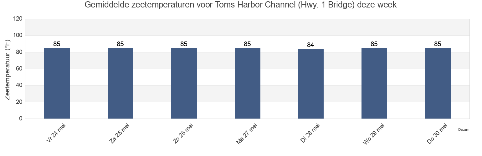 Gemiddelde zeetemperaturen voor Toms Harbor Channel (Hwy. 1 Bridge), Monroe County, Florida, United States deze week