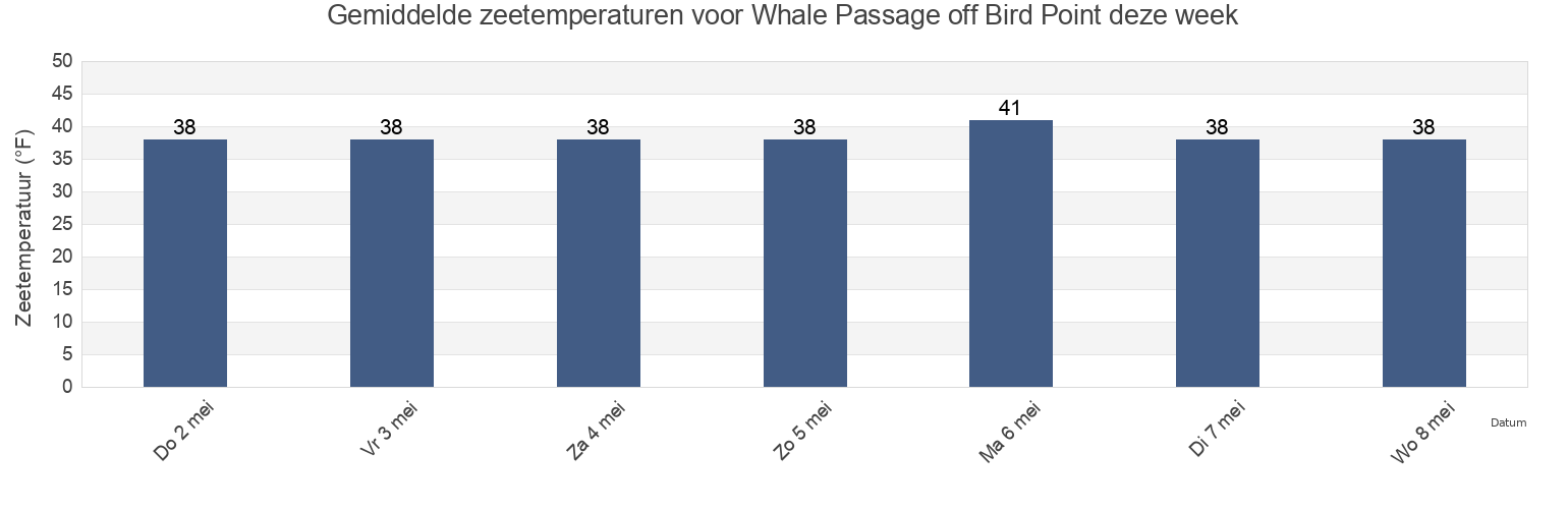 Gemiddelde zeetemperaturen voor Whale Passage off Bird Point, Kodiak Island Borough, Alaska, United States deze week